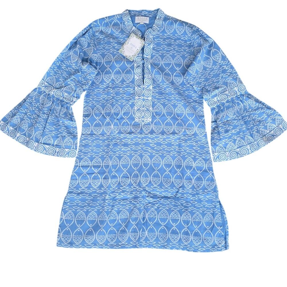 NWT ASHA by Ashley McCormick Azure Fernanda Block Print Mini Dress Blue Small